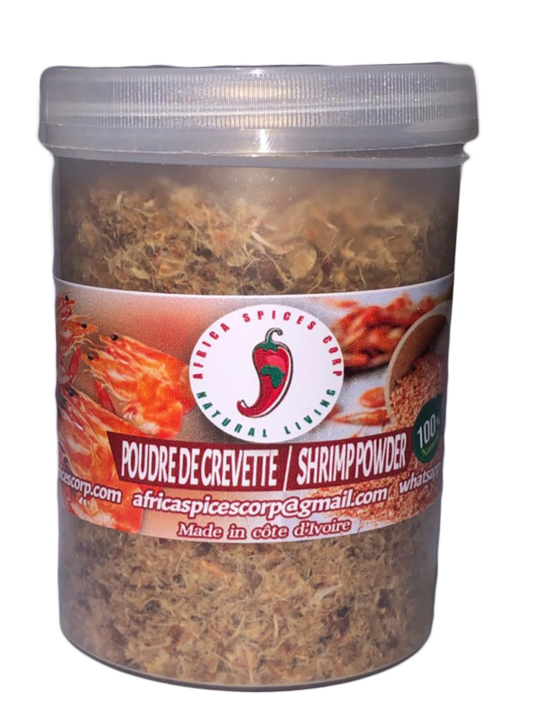 A container of shrimp powder is shown with transparent background