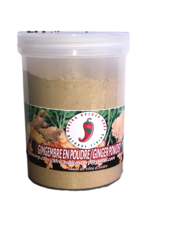 A container of ginger powder is shown.