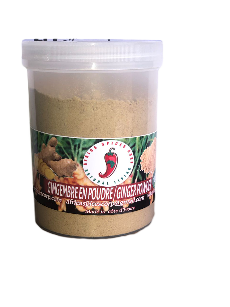 A container of ginger powder is shown.